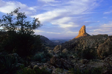 The sun spends its last rays of the day highlighting Weaver's Needle in the Superstition Mountains